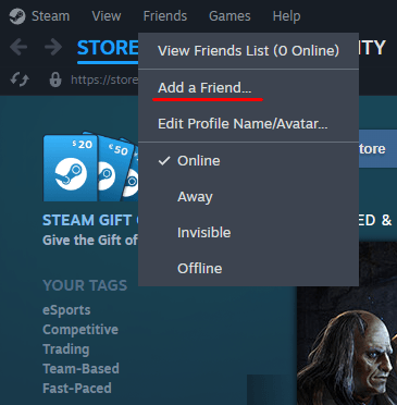 Добавление друга в Steam Шаг 1