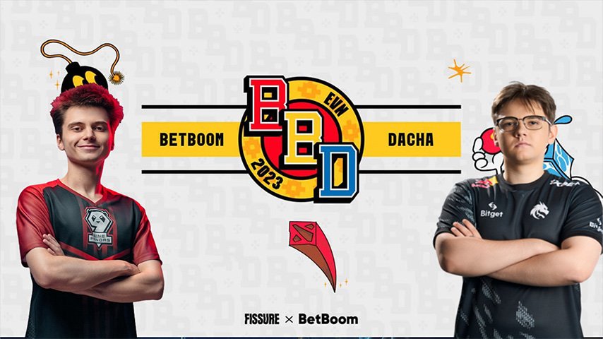 Рамзес и Яторо стоят рядом с логотипом BetBoom Dacha Dota 2