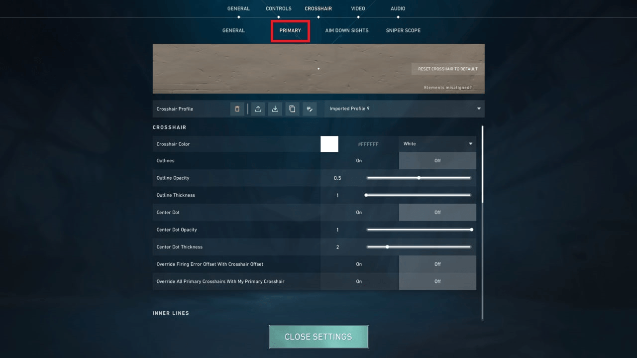 valorant crosshair settings menu