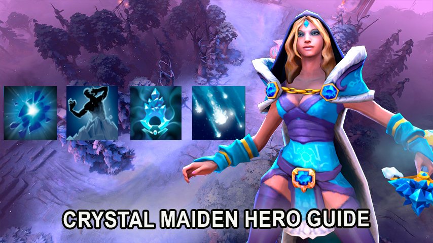 Crystal Maiden hero guide in Dota 2 showing item builds, skills, and strategies.