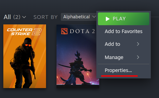 Свойства Dota 2 в Steam