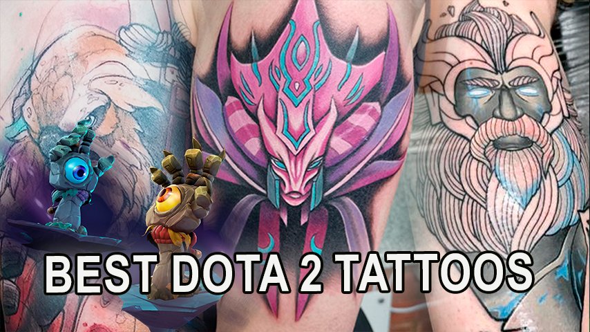 Detailed Dota 2 tattoo featuring popular game characters and symbols.