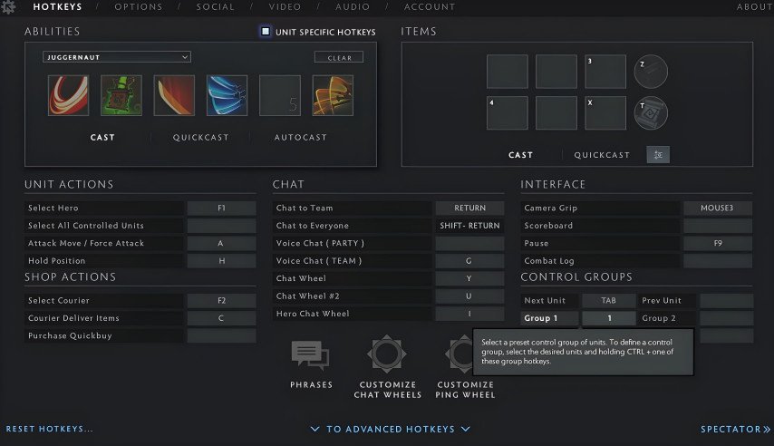 Dota 2 unit groups settings