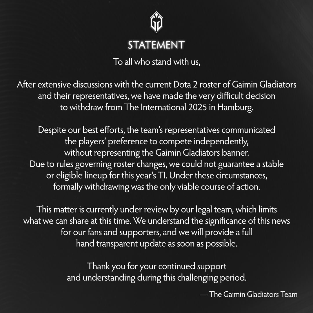 Gaimin Gladiators' official statement on withdrawing from TI14