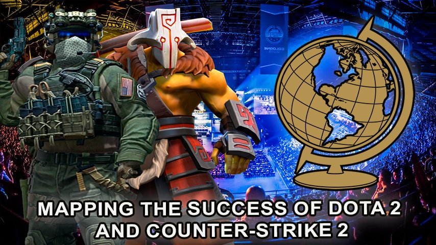 Global map showing the popularity of Dota 2 and Counter-Strike 2 in different regions.