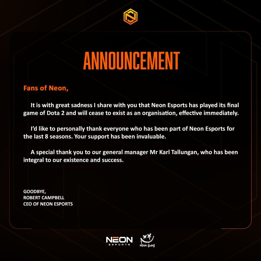 Neon Esports Disbandment Statement
