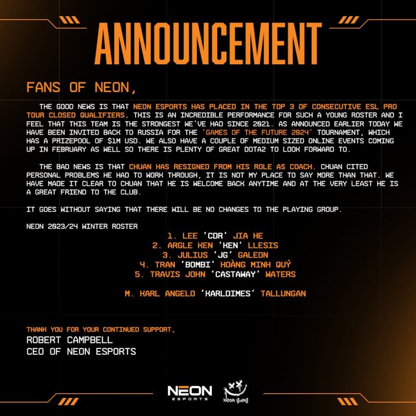 Neon Esports об уходе ChuaN и будущих планах команды