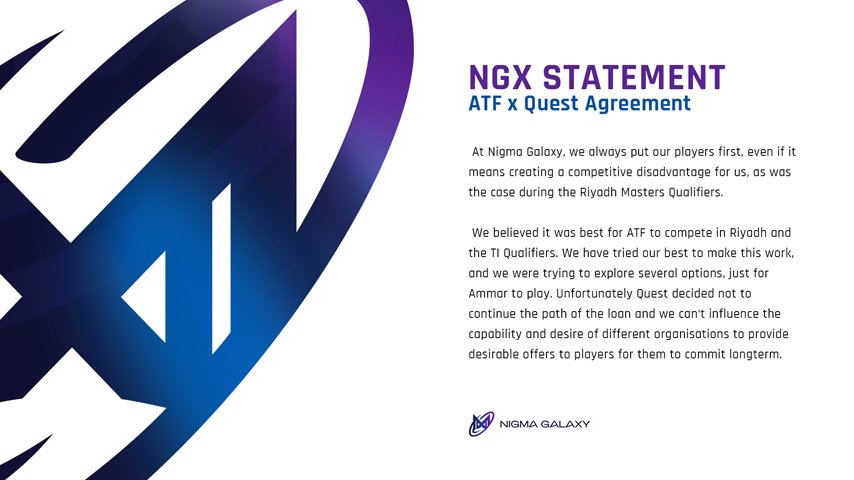 Nigma official statement regarding ATF and Quest Esports