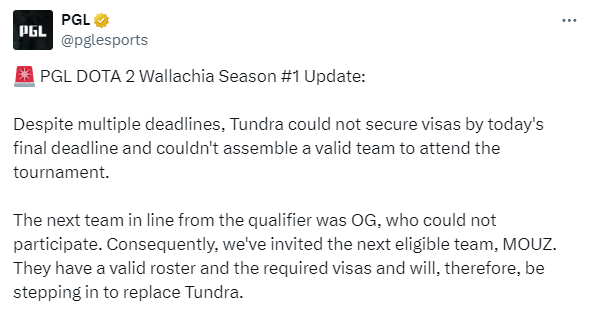 PGL Wallachia 2024 передали слот Tundra Esports