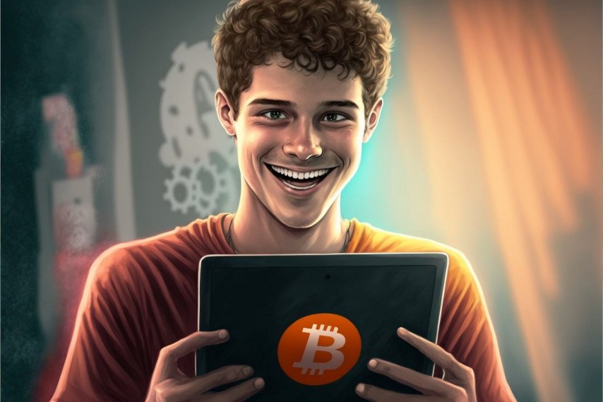 Young man playing crypto games on iPad with bitcoin logo