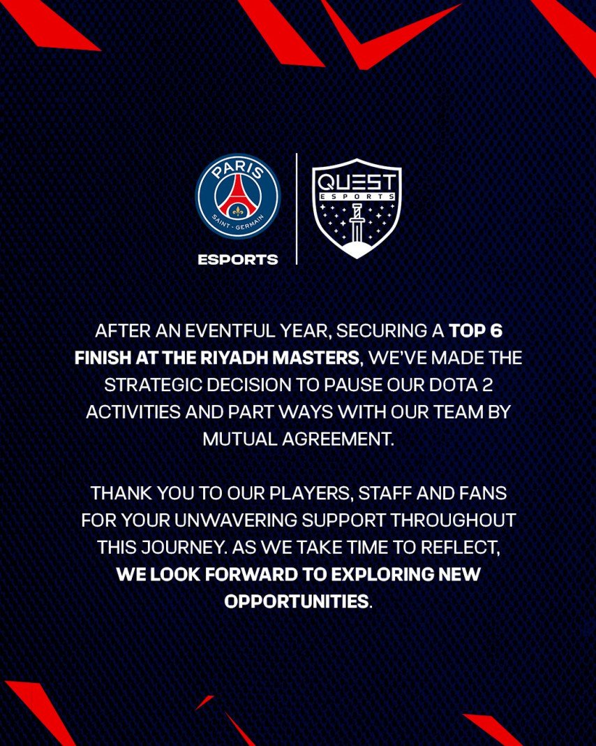 PSG Quest's statement on the disbandment of the Dota 2 lineup