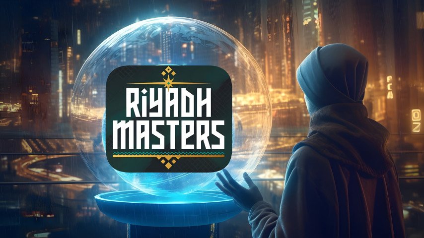 Человек в костюме ассасина смотрит на шар c логотипом Dota 2 Riyadh Masters  и прогнозирует результаты