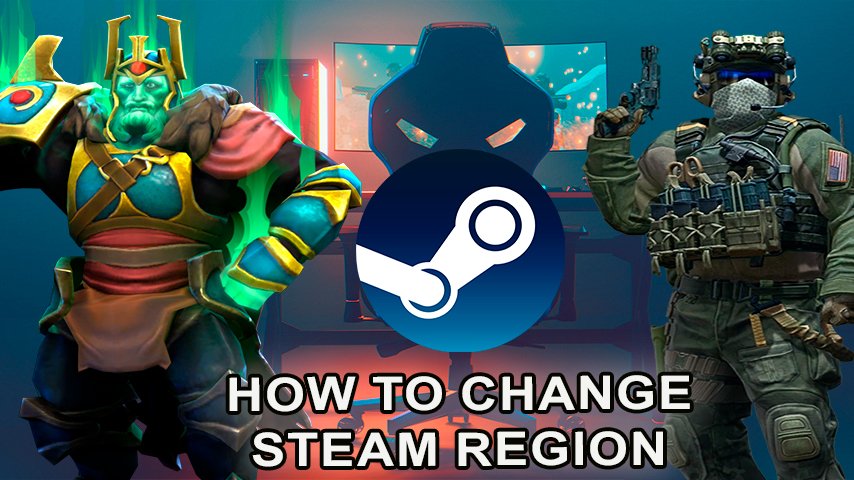 Illustration of a gamer using a laptop to change Steam region settings with a world map in the background.