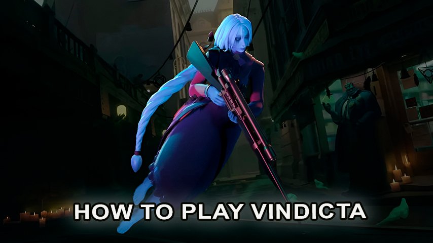 Vindicta, the Deadlock sniper hero, aiming her rifle while flying above the battlefield.